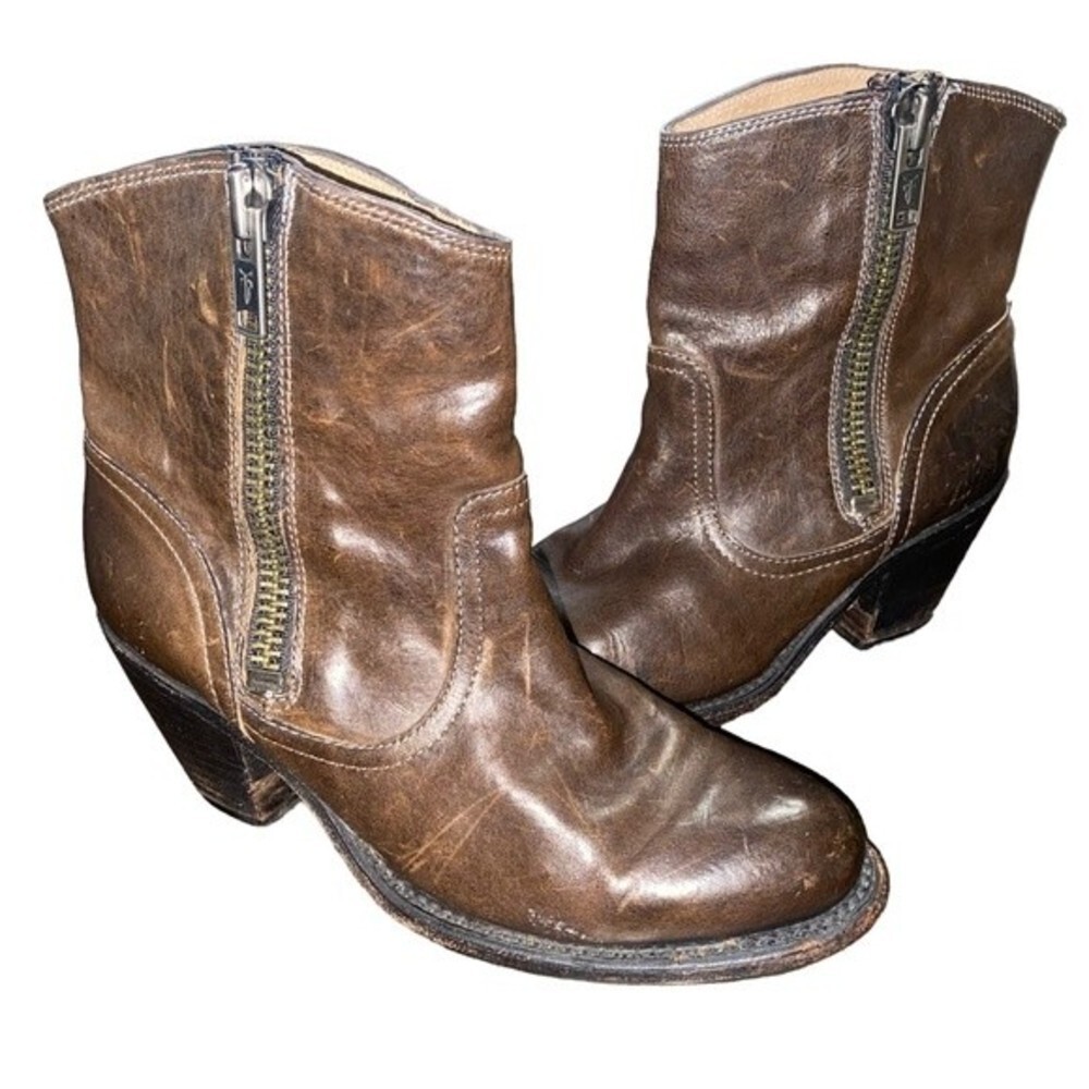 Frye Brown Leather Distressed Side Zipper Ankle Bootie Size 6.5